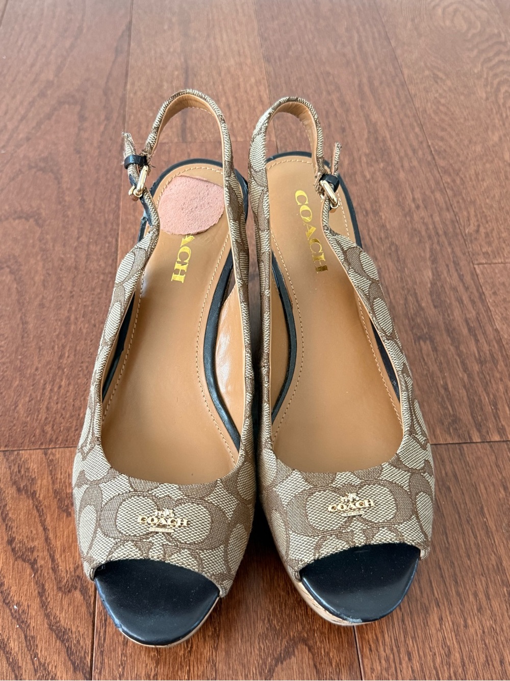 Coach Tan Signature Canvas Peep-Toe Slingback Heels with Black Toe